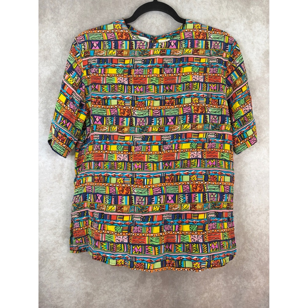 Galinda Blouse Women Medium Multicolor 100% Silk Vintage Geometric Short Sleeve